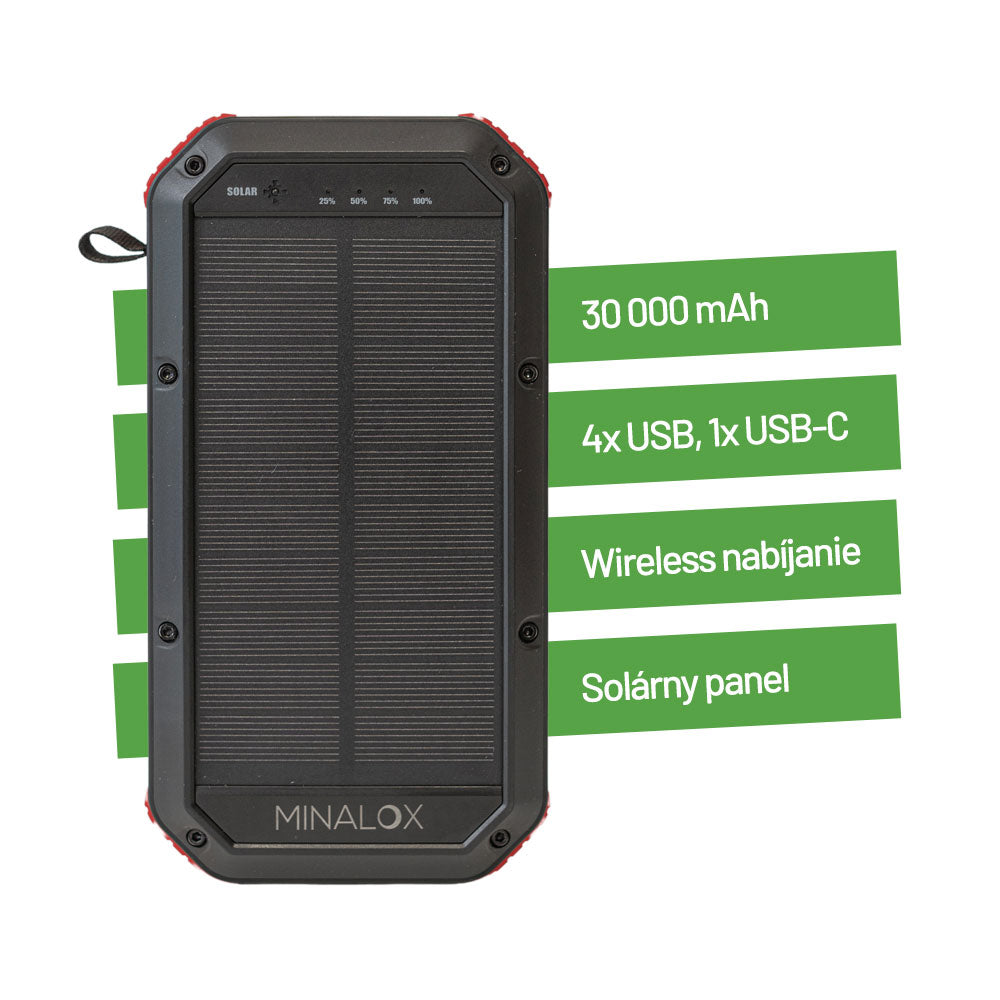 MINALOX Solárna bezdrôtová nabíjačka a Power Bank 30000 mAh
